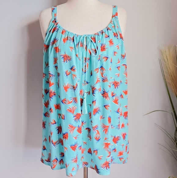 CAbi, New, Aqua/Orange Palm Leaf Tie Front Tassel Tank Blouse Top, Size Large - Picture 11 of 11